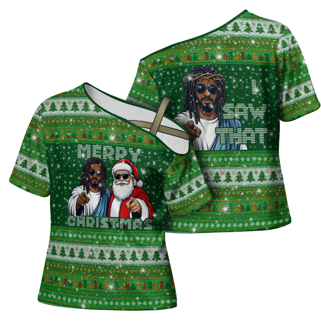 Black Jesus Merry Christmas Cross Shoulder Shirt Santa Claus Africa - Religious Faith Holiday
