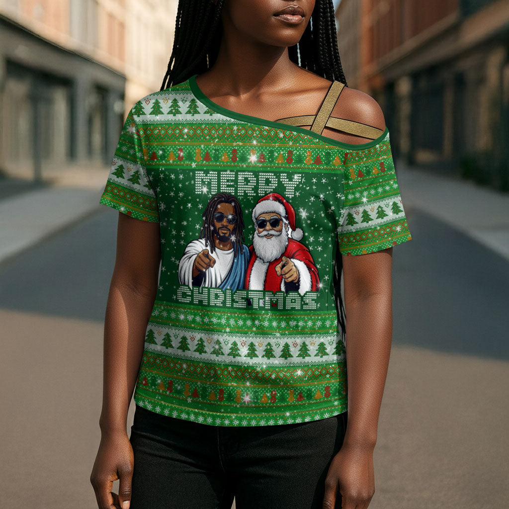 Black Jesus Merry Christmas Cross Shoulder Shirt Santa Claus Africa - Religious Faith Holiday