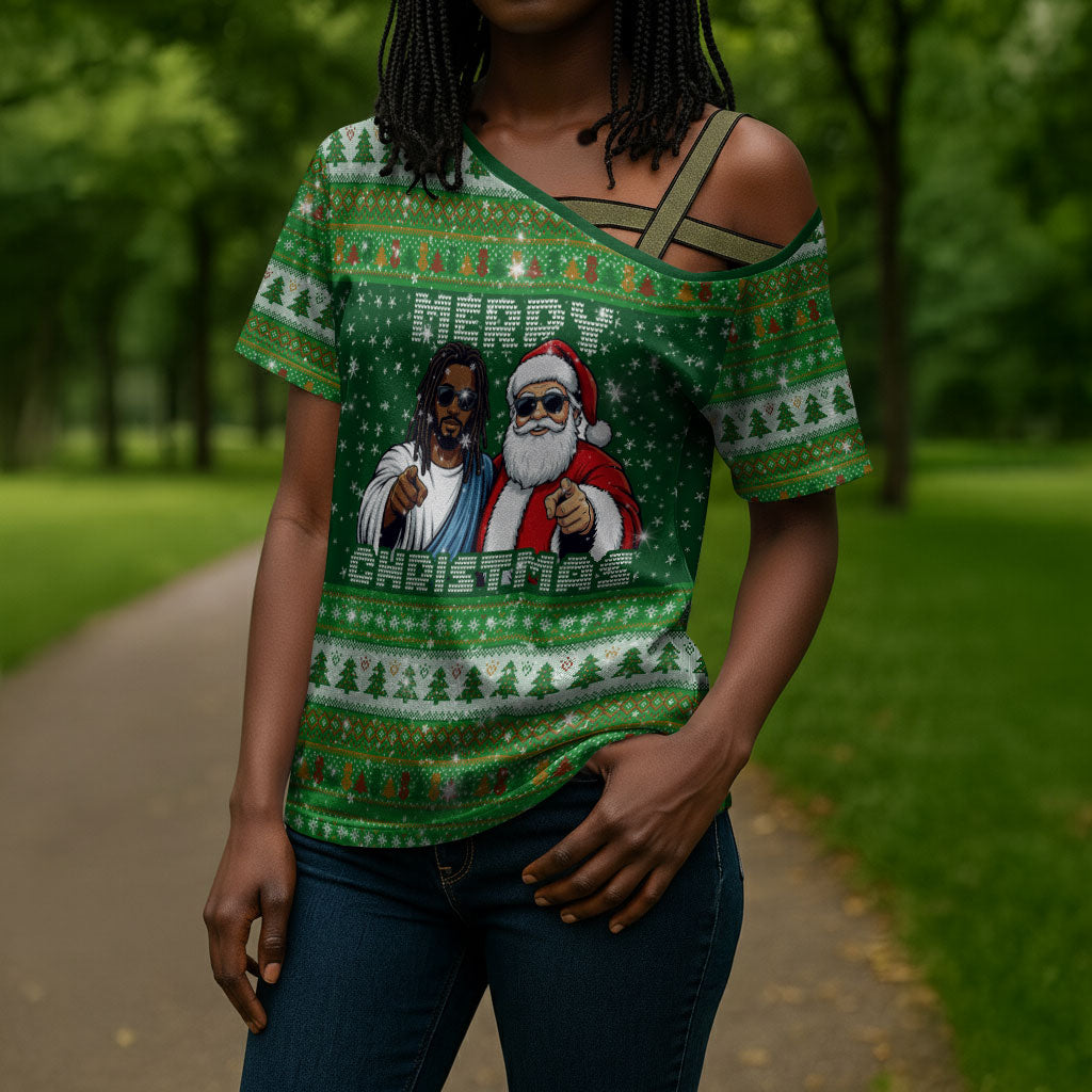 Black Jesus Merry Christmas Cross Shoulder Shirt Santa Claus Africa - Religious Faith Holiday