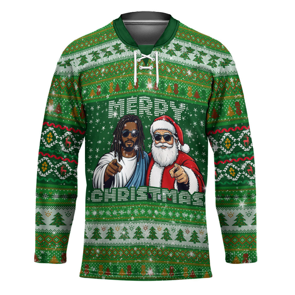 Black Jesus Merry Christmas Hockey Jersey Santa Claus Africa - Religious Faith Holiday