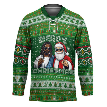 Black Jesus Merry Christmas Hockey Jersey Santa Claus Africa - Religious Faith Holiday