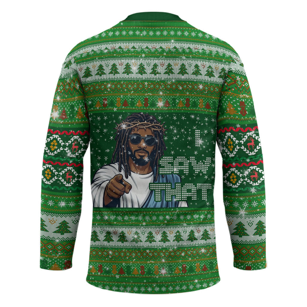 Black Jesus Merry Christmas Hockey Jersey Santa Claus Africa - Religious Faith Holiday