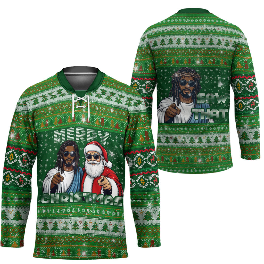 Black Jesus Merry Christmas Hockey Jersey Santa Claus Africa - Religious Faith Holiday