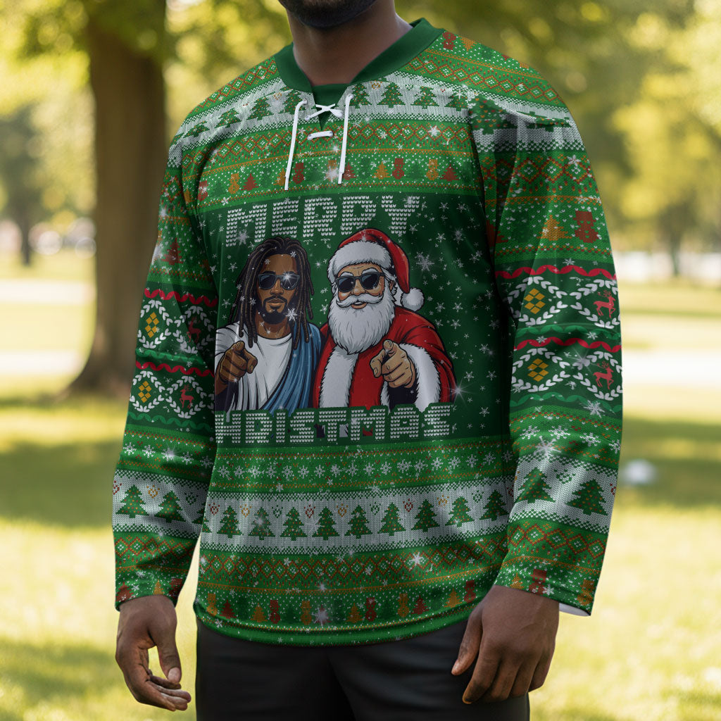 Black Jesus Merry Christmas Hockey Jersey Santa Claus Africa - Religious Faith Holiday