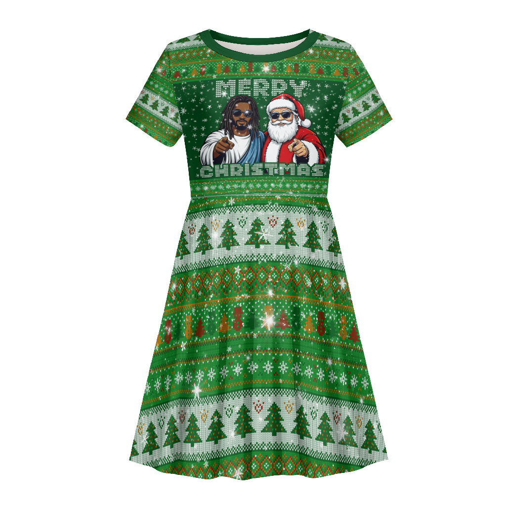 Black Jesus Merry Christmas Kid Short Sleeve Dress Santa Claus Africa - Religious Faith Holiday