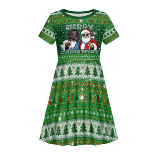 Black Jesus Merry Christmas Kid Short Sleeve Dress Santa Claus Africa - Religious Faith Holiday