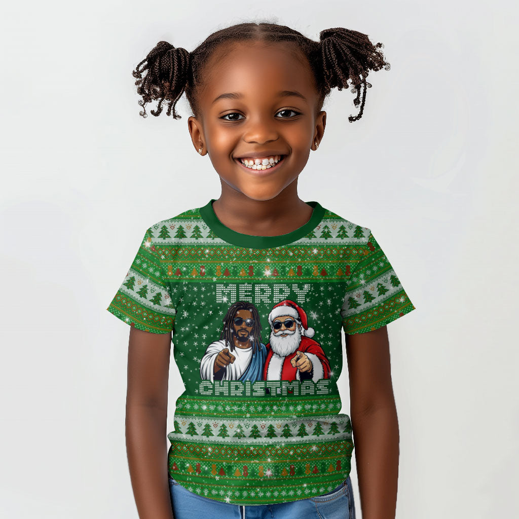 Black Jesus Merry Christmas Kid T shirt Santa Claus Africa - Religious Faith Holiday