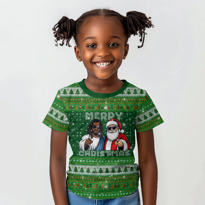 Black Jesus Merry Christmas Kid T shirt Santa Claus Africa - Religious Faith Holiday