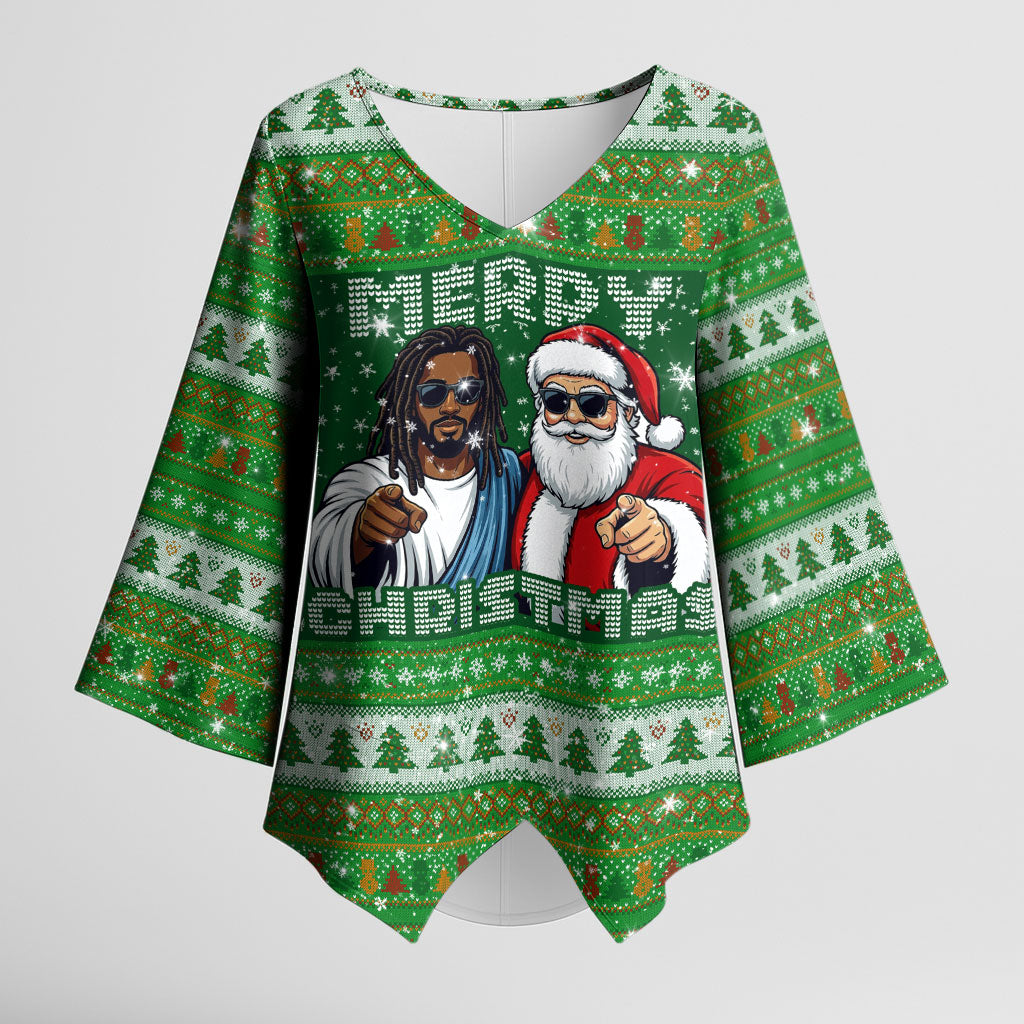 Black Jesus Merry Christmas Kimono Sleeve Blouse Santa Claus Africa - Religious Faith Holiday