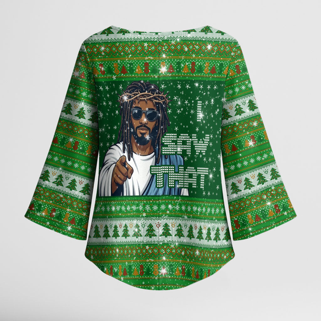 Black Jesus Merry Christmas Kimono Sleeve Blouse Santa Claus Africa - Religious Faith Holiday