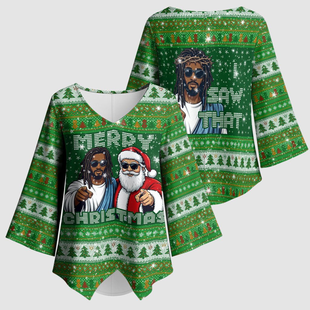 Black Jesus Merry Christmas Kimono Sleeve Blouse Santa Claus Africa - Religious Faith Holiday