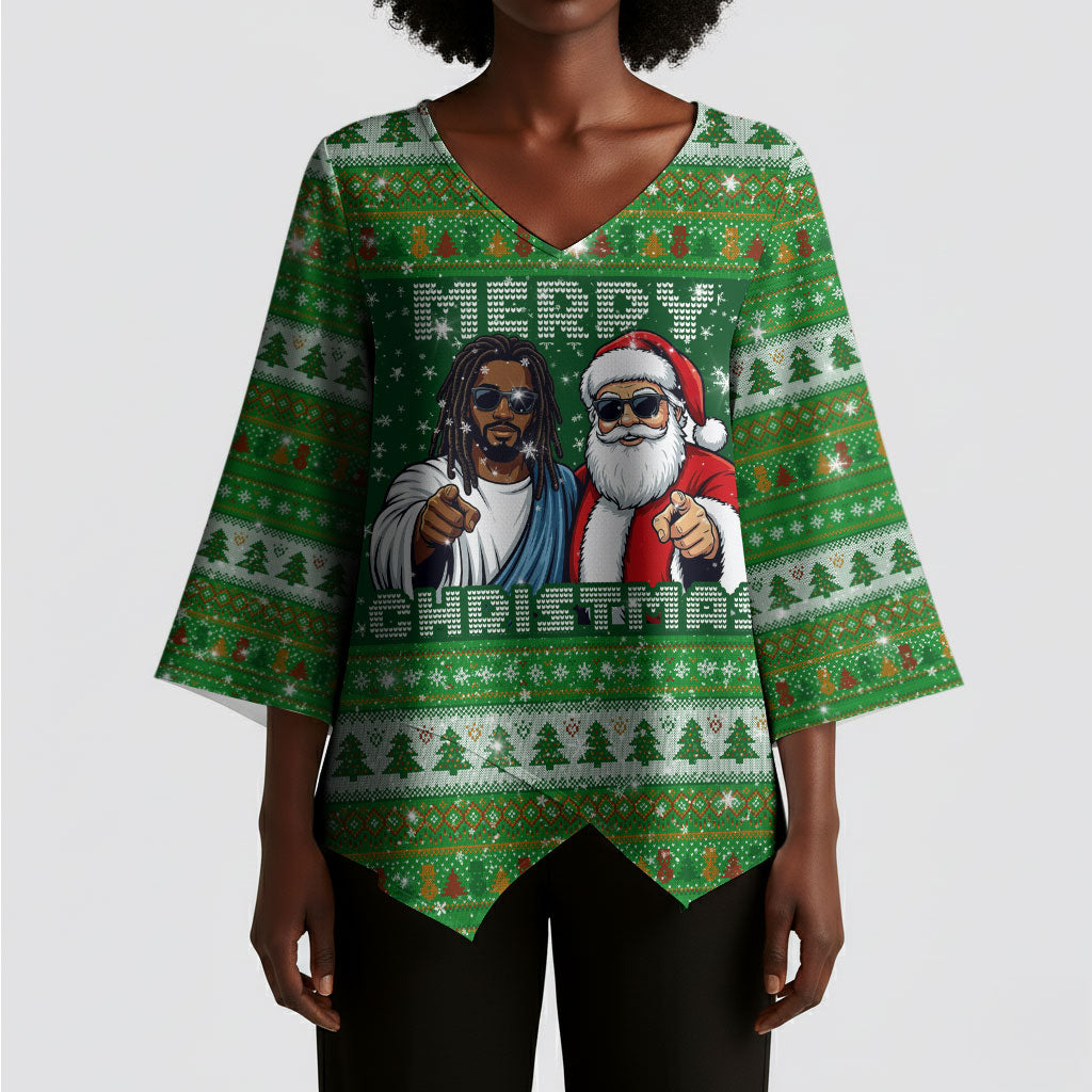 Black Jesus Merry Christmas Kimono Sleeve Blouse Santa Claus Africa - Religious Faith Holiday