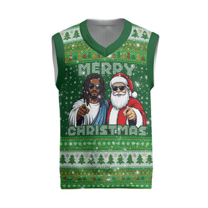 Black Jesus Merry Christmas Knitted V-Neck Vest Santa Claus Africa - Religious Faith Holiday
