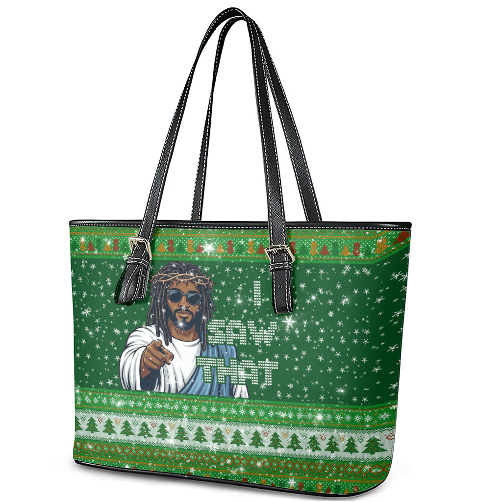 Black Jesus Merry Christmas Leather Tote Bag Santa Claus Africa - Religious Faith Holiday