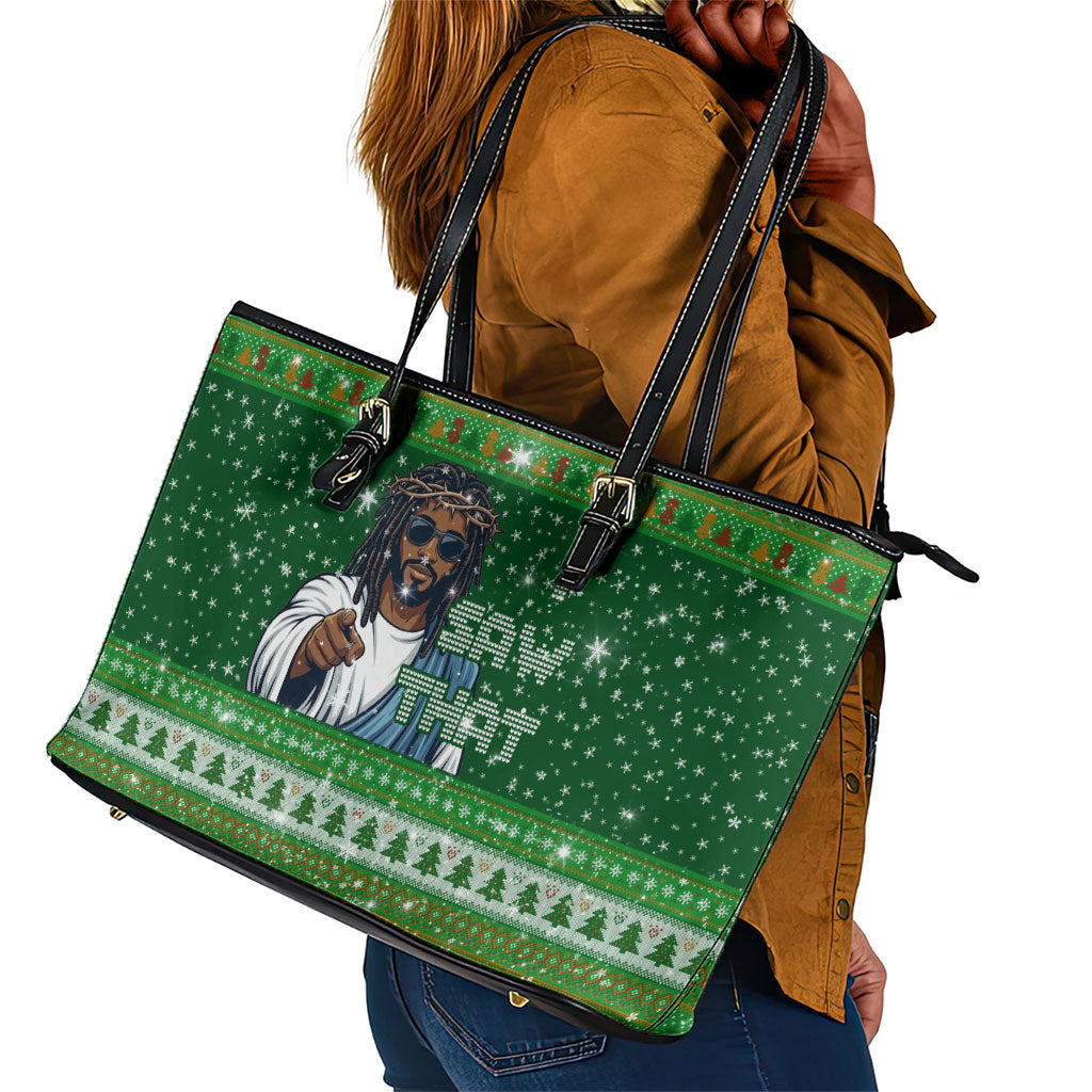 Black Jesus Merry Christmas Leather Tote Bag Santa Claus Africa - Religious Faith Holiday