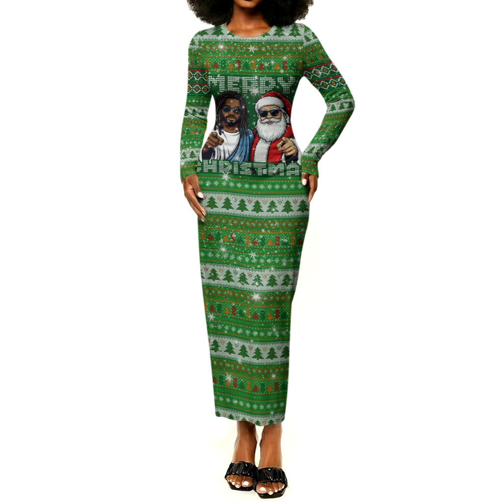 Black Jesus Merry Christmas Long Sleeve Bodycon Dress Santa Claus Africa - Religious Faith Holiday
