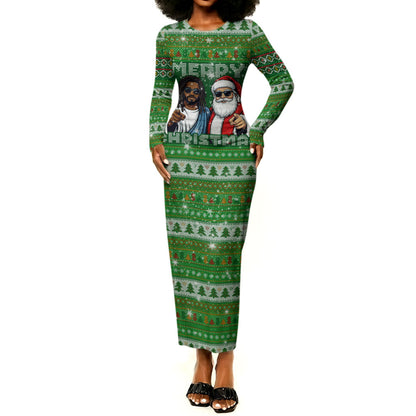 Black Jesus Merry Christmas Long Sleeve Bodycon Dress Santa Claus Africa - Religious Faith Holiday