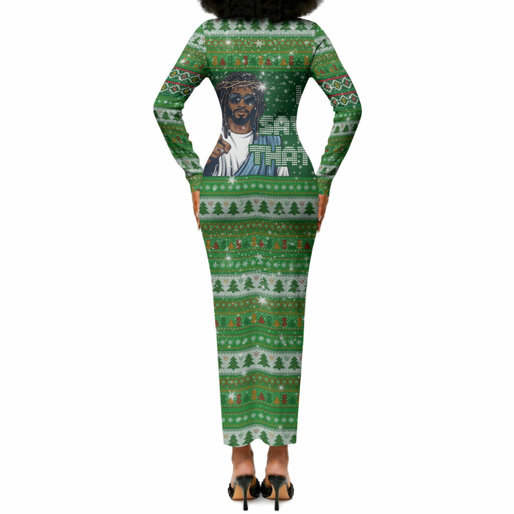 Black Jesus Merry Christmas Long Sleeve Bodycon Dress Santa Claus Africa - Religious Faith Holiday