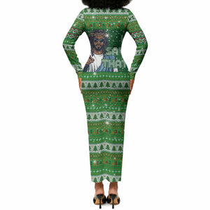 Black Jesus Merry Christmas Long Sleeve Bodycon Dress Santa Claus Africa - Religious Faith Holiday
