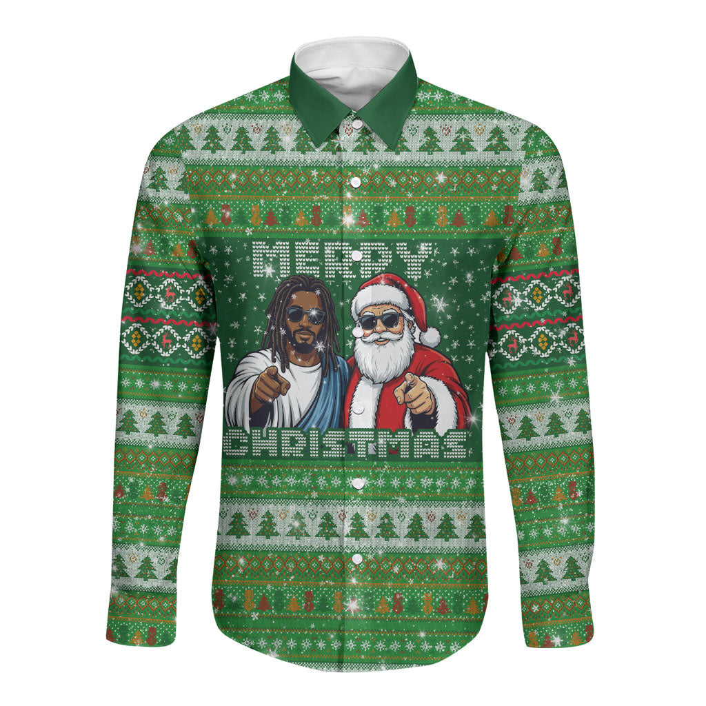 Black Jesus Merry Christmas Long Sleeve Button Shirt Santa Claus Africa - Religious Faith Holiday