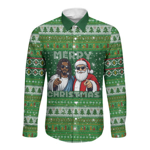 Black Jesus Merry Christmas Long Sleeve Button Shirt Santa Claus Africa - Religious Faith Holiday