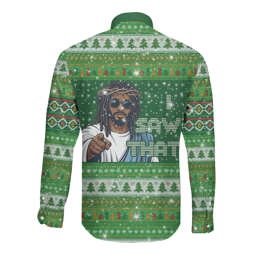 Black Jesus Merry Christmas Long Sleeve Button Shirt Santa Claus Africa - Religious Faith Holiday