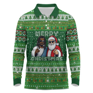 Black Jesus Merry Christmas Long Sleeve Polo Shirt Santa Claus Africa - Religious Faith Holiday