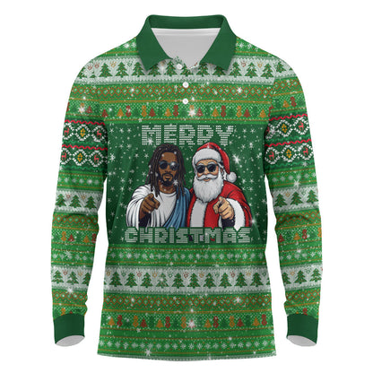 Black Jesus Merry Christmas Long Sleeve Polo Shirt Santa Claus Africa - Religious Faith Holiday