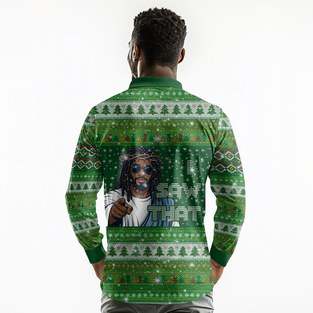 Black Jesus Merry Christmas Long Sleeve Polo Shirt Santa Claus Africa - Religious Faith Holiday