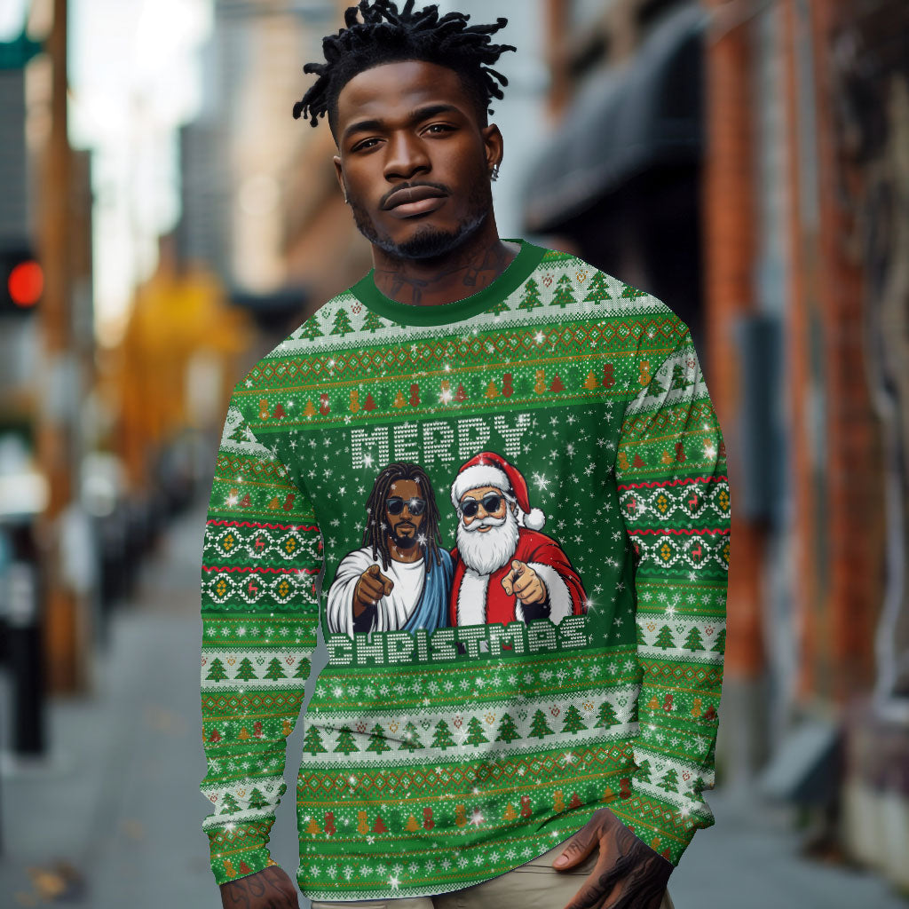 Black Jesus Merry Christmas Long Sleeve Shirt Santa Claus Africa - Religious Faith Holiday