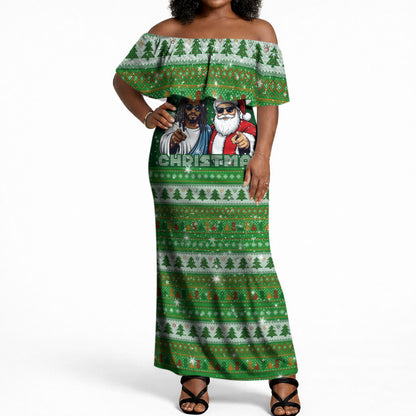 Black Jesus Merry Christmas Off Shoulder Maxi Dress Santa Claus Africa - Religious Faith Holiday