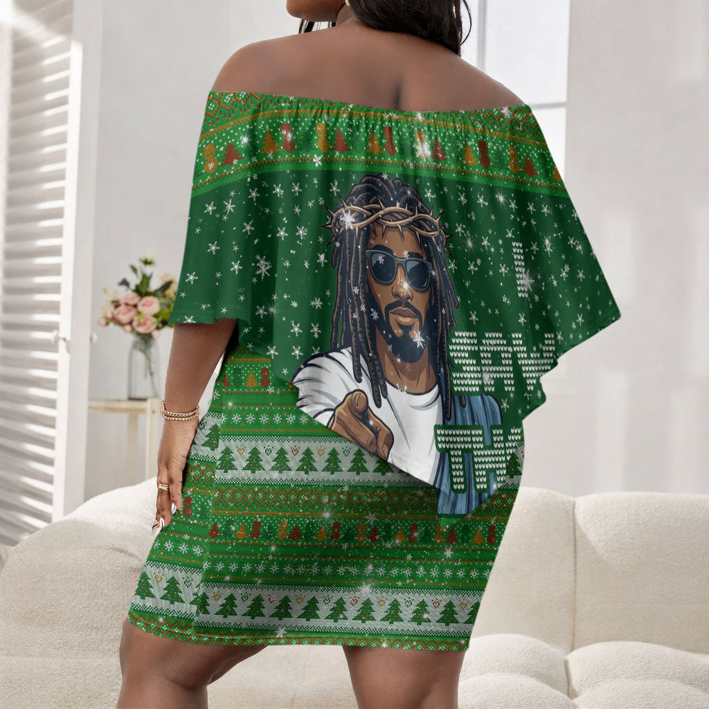 Black Jesus Merry Christmas Off Shoulder Short Dress Santa Claus Africa - Religious Faith Holiday
