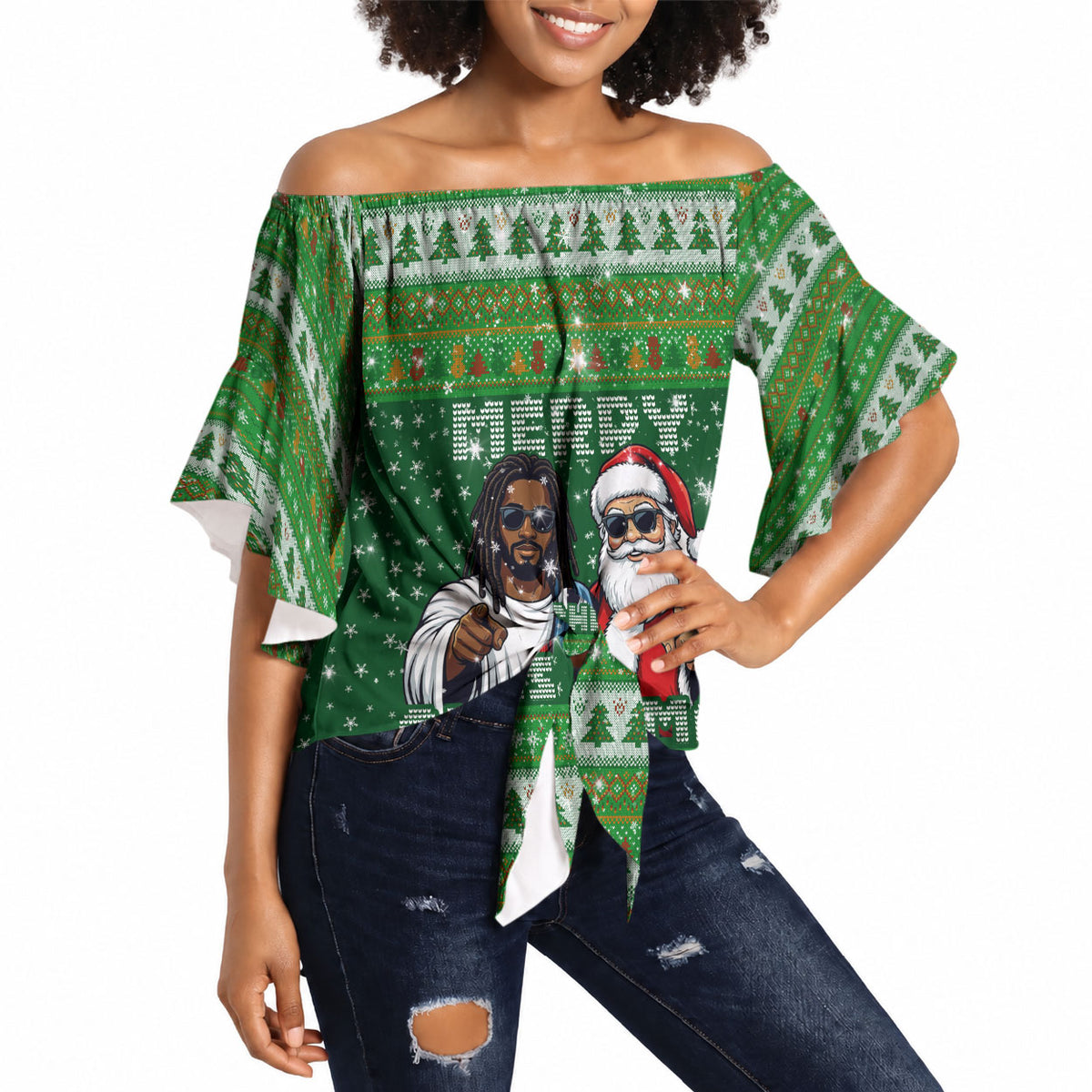 Black Jesus Merry Christmas Off Shoulder Wrap Waist Top Santa Claus Africa - Religious Faith Holiday