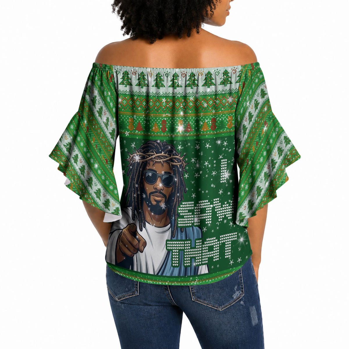 Black Jesus Merry Christmas Off Shoulder Wrap Waist Top Santa Claus Africa - Religious Faith Holiday