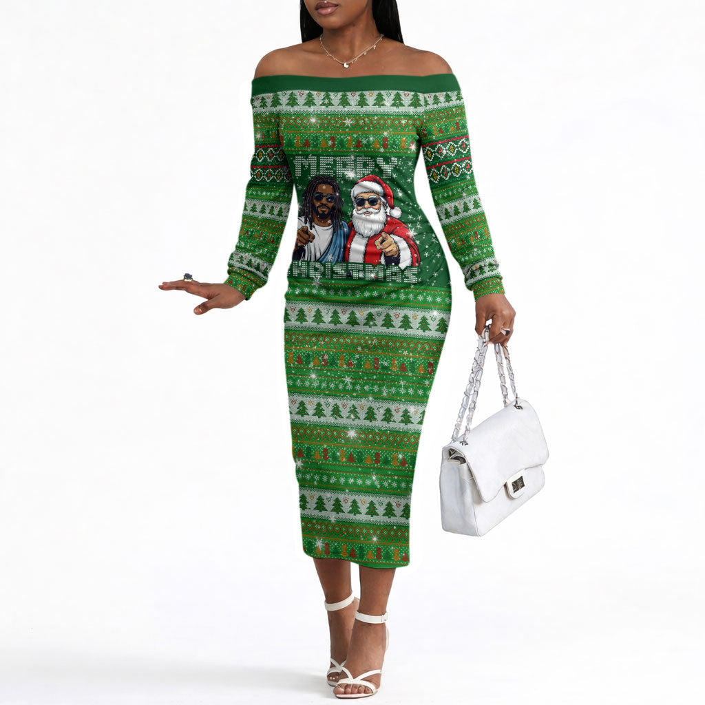 Black Jesus Merry Christmas Off The Shoulder Long Sleeve Dress Santa Claus Africa - Religious Faith Holiday