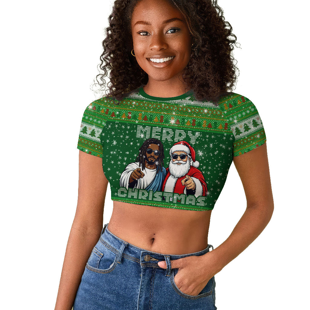 Black Jesus Merry Christmas Raglan Cropped T shirt Santa Claus Africa - Religious Faith Holiday