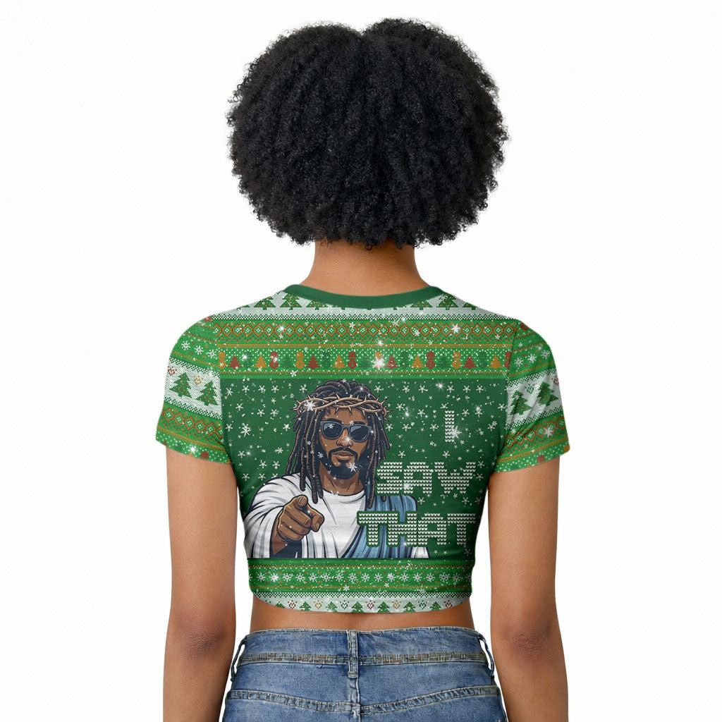 Black Jesus Merry Christmas Raglan Cropped T shirt Santa Claus Africa - Religious Faith Holiday