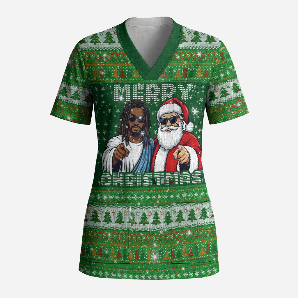 Black Jesus Merry Christmas Scrub Top Santa Claus Africa - Religious Faith Holiday