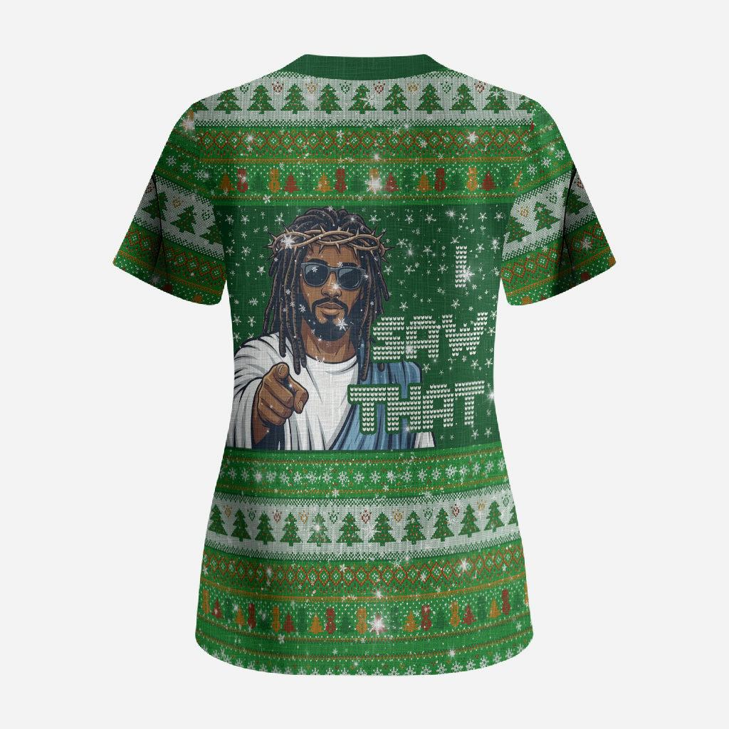 Black Jesus Merry Christmas Scrub Top Santa Claus Africa - Religious Faith Holiday