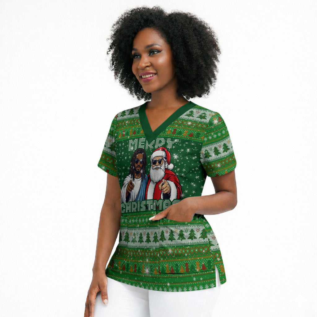 Black Jesus Merry Christmas Scrub Top Santa Claus Africa - Religious Faith Holiday