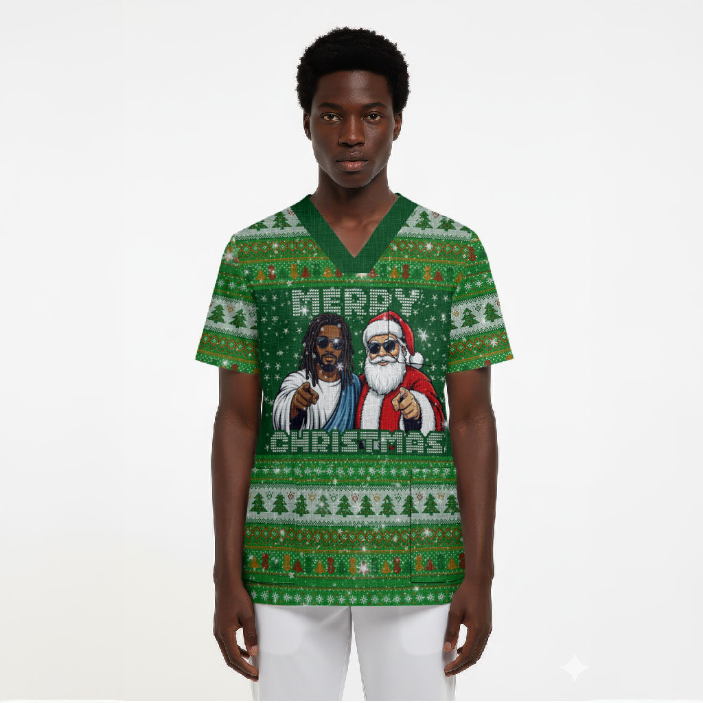 Black Jesus Merry Christmas Scrub Top Santa Claus Africa - Religious Faith Holiday