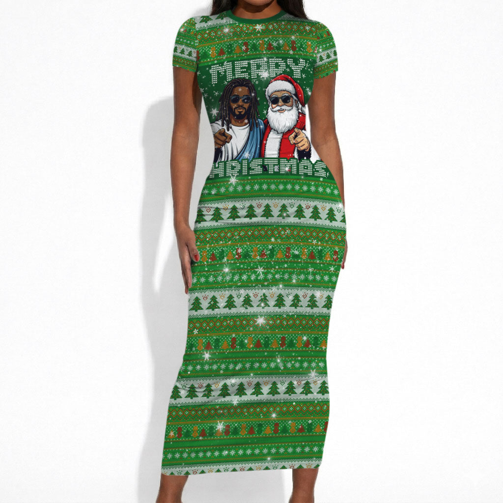 Black Jesus Merry Christmas Short Sleeve Bodycon Dress Santa Claus Africa - Religious Faith Holiday