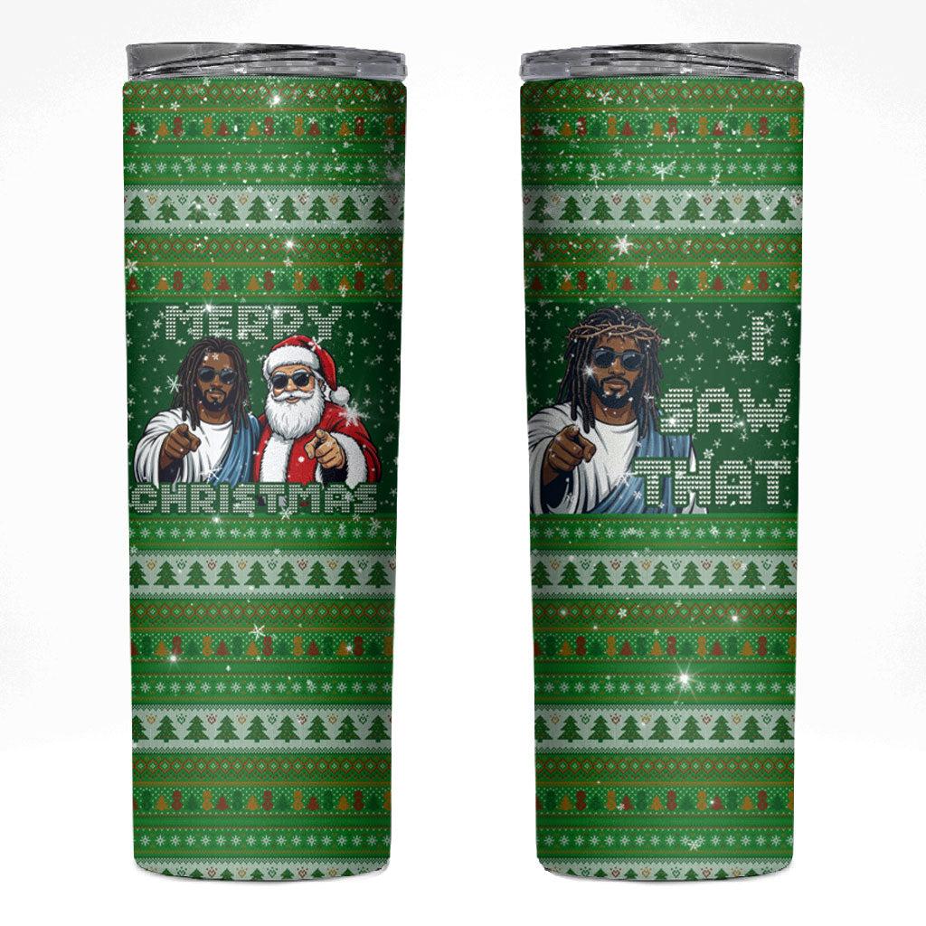 Black Jesus Merry Christmas Skinny Tumbler Santa Claus Africa - Religious Faith Holiday