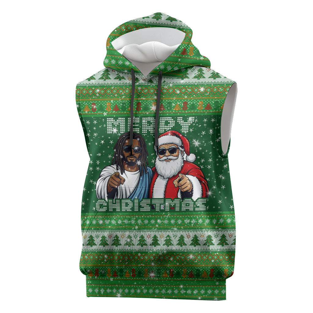Black Jesus Merry Christmas Sleeveless Hoodie Santa Claus Africa - Religious Faith Holiday