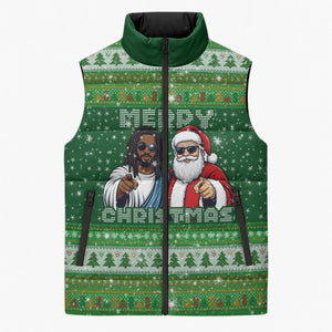Black Jesus Merry Christmas Sleeveless Puffer Jacket Santa Claus Africa - Religious Faith Holiday
