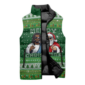 Black Jesus Merry Christmas Sleeveless Puffer Jacket Santa Claus Africa - Religious Faith Holiday