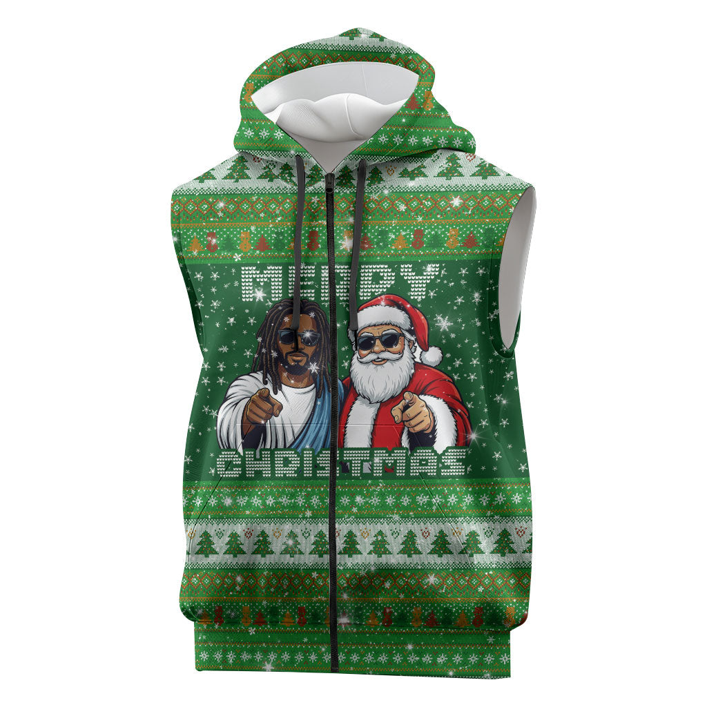 Black Jesus Merry Christmas Sleeveless Zip Hoodie Santa Claus Africa - Religious Faith Holiday