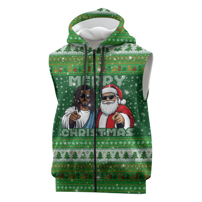 Black Jesus Merry Christmas Sleeveless Zip Hoodie Santa Claus Africa - Religious Faith Holiday
