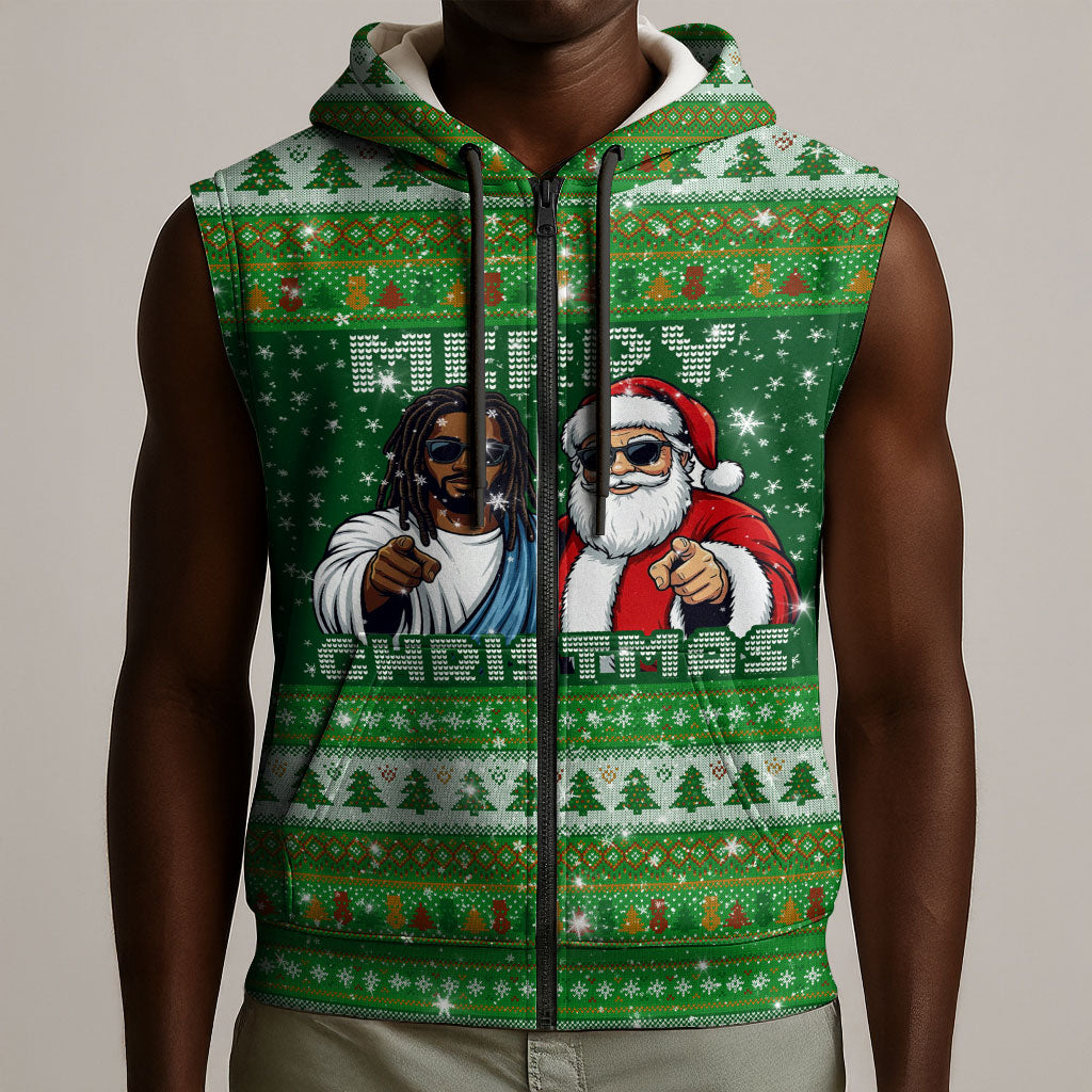 Black Jesus Merry Christmas Sleeveless Zip Hoodie Santa Claus Africa - Religious Faith Holiday
