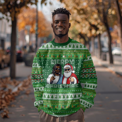 Black Jesus Merry Christmas Sweatshirt Santa Claus Africa - Religious Faith Holiday